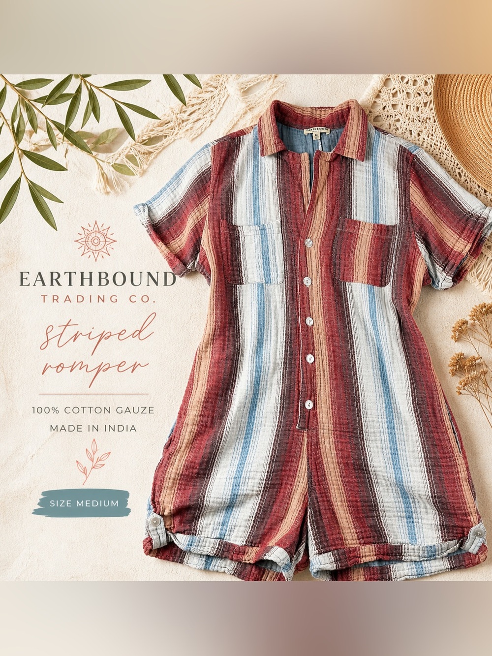 Earthbound Striped Cotton Romper Medium Boho Gauze Button Front